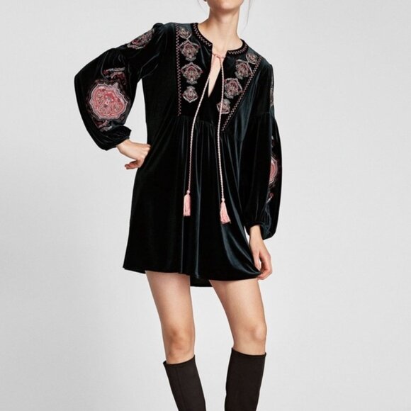 ZARA Woman Dark Green Velvet Embroidered Tunic Dress Size SMALL Boho Romantic - Picture 13 of 13